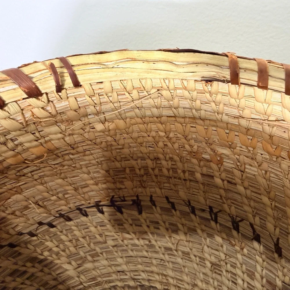 Vintage Handwoven Coil Basket Large Tan Brown Boho Decor Folk Art Size 11in Wide
